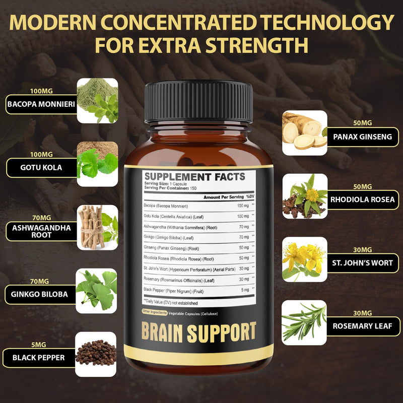[Australia] - agobi 9in1 Brain Support Supplement - Blended with Ashwagandha, Panax Ginseng, Gotu Kola, Ginkgo Biloba, Black Pepper & More - Accuracy, Focus, Memory & Energy Booster - 150 Capsules for 5 Months 