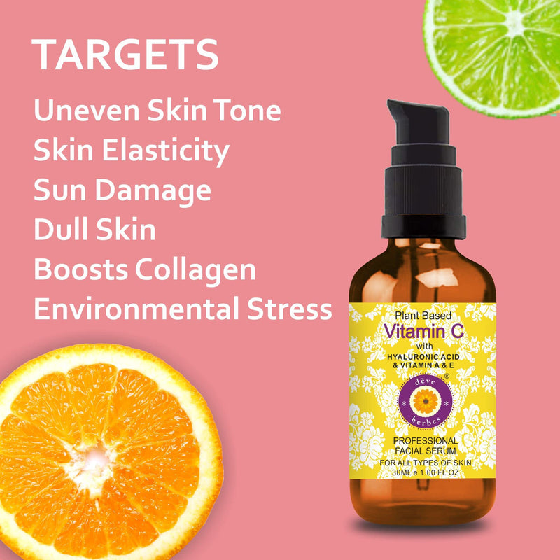 dève herbes Plant Based Vitamin C Face Serum with Hyaluronic Acid & Vitamin A & E for Personal Care 30ml (1 oz) + Pure Vitamin E Oil 30ml (1 oz)