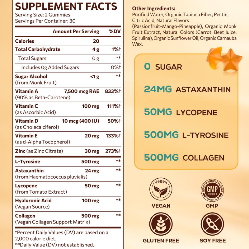 [Australia] - Tanning Gummies with Astaxanthin for Women and Men | Sunless Tanning Supplement with Beta Carotene, Lycopene, Collagen & Vitamins | Skin Radiance & Hydration | Vegan & Sugar Free - 60 Count 60 Count (Pack of 1) 