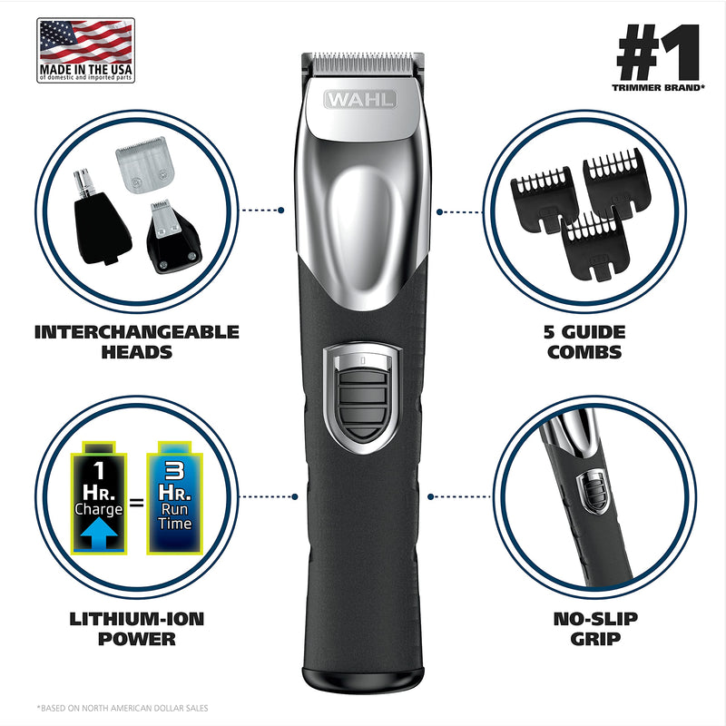 [Australia] - Wahl USA Rechargeable Lithium Ion All in One Beard Trimmer for Men with Detail and Ear & Nose Hair Trimmer Attachment – Model 9854-600B 