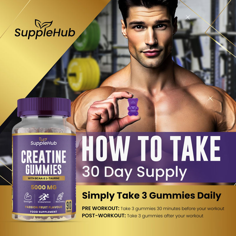 Creatine Gummies 5000mg - Creatine Monohydrate with BCAA & L-Taurine (90 Gummies), Vegan, Sugar Free, Gym Supplement, PassionFruit Flavour