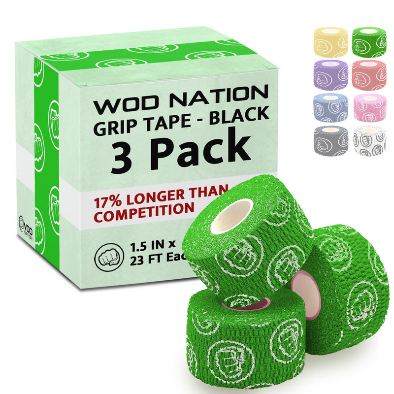 WOD Nation Flexible Hook-Grip Athletic Tape – Easy-Tear, Sweat-Proof Thumb & Finger Strips for Weightlifting 3 Pack Green