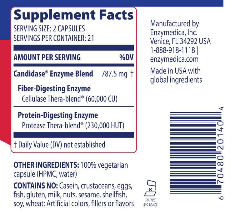 Enzymedica, Candidase, Yeast Balance, Dietary Supplement, Enzyme Support, 42 Capsules, Vegan, Gluten-Free, Soy-Free, Non-GMO