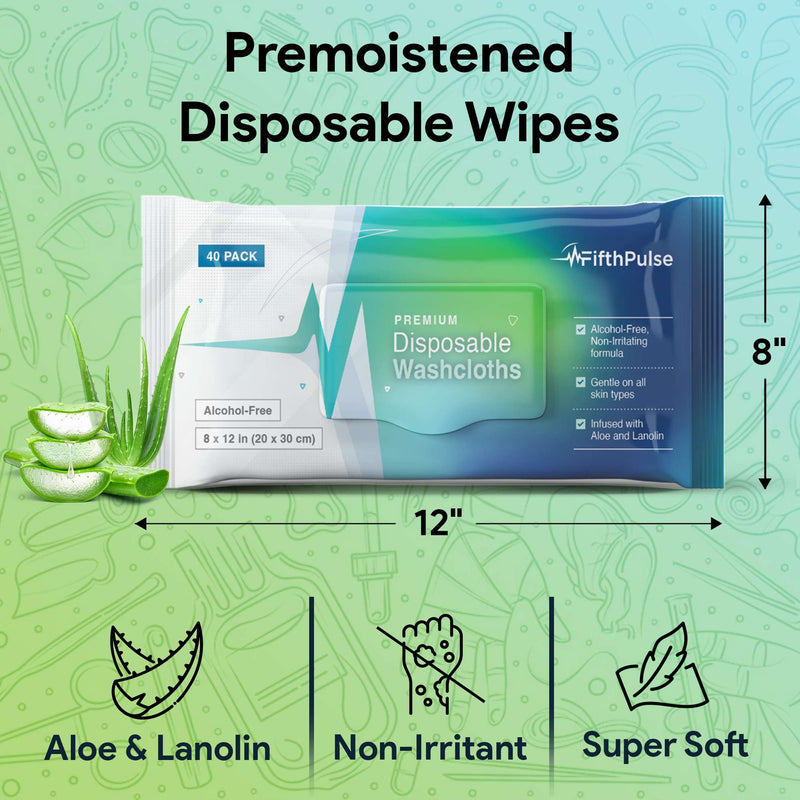 [Australia] - Disposable Body Wipes For Adults (1 Pack of 40) - Premoistened Body Wipes For Adult Bathing Infused With Aloe and Lanolin - Alcohol-Free Adult Wipes For The Elderly Extra Large - 8" x 12" Washcloths 40 Count (1 x 40 Pack) 