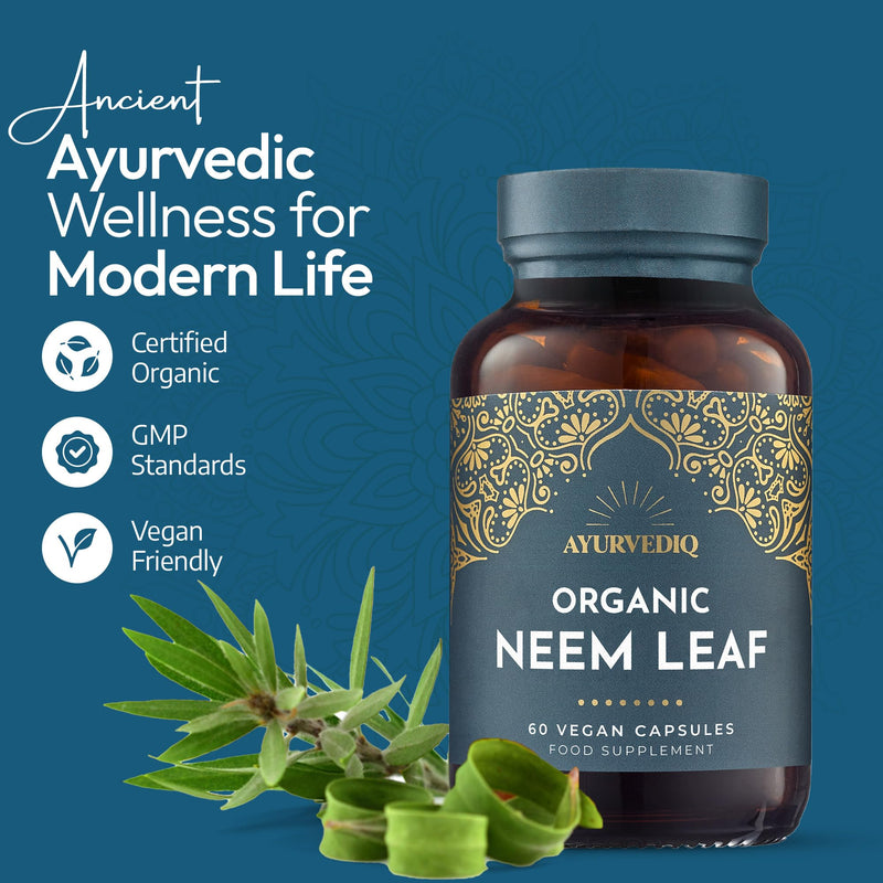 Ayurvediq Organic Neem Leaf Capsules x60 600mg (Azadirachta Indica) – Indian Lilac Neem Powder Organic – Detox, Immunity Support, Clear Skin Soil Association Organic Health and Wellbeing Supplements