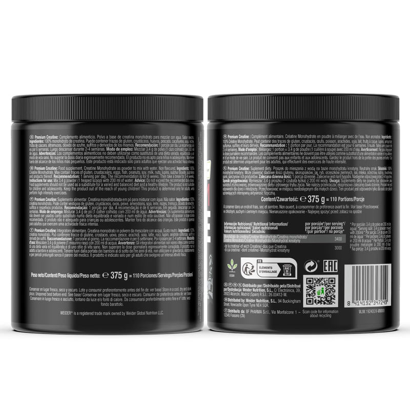 Weider Premium Creatine (375g) UnFlavoured. 100% Pure Creatine Monohydrate Creapure, No Sugar, no additives, Vegan, Increases Physical Performance (110 Servings)