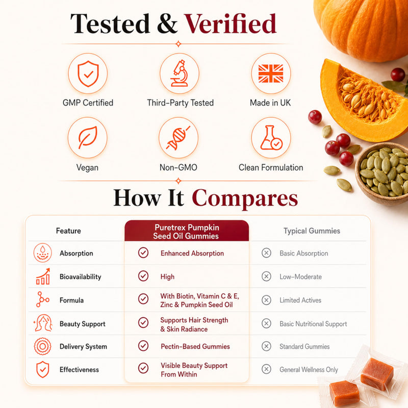 Puretrex Pumpkin Seed Oil Gummies 3000mg, UK Made Hair Growth Gummies for Women with Biotin Vitamin C & E, Vegan, Hair, Skin & Nails Beauty Gummies, Natural Pumpkin Flavour, 120 Gummies