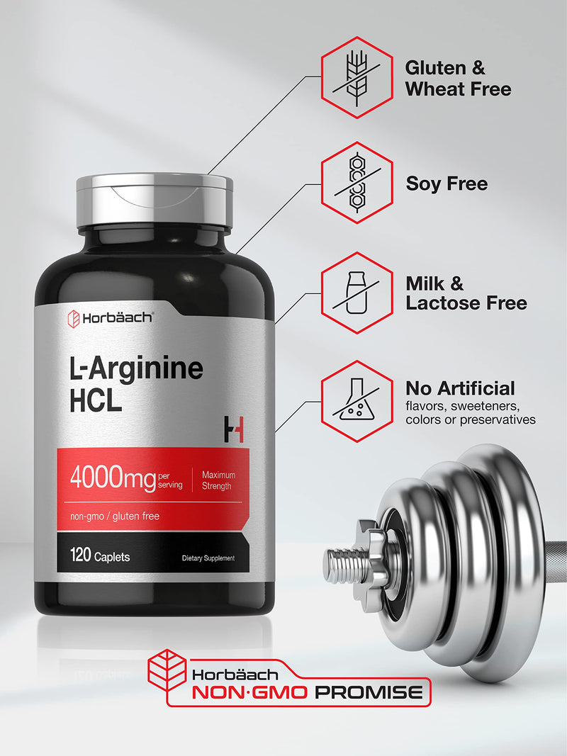 Horbäach L-Arginine 4000mg | 120 Caplets | Maximum Strength Nitric Oxide Precursor | Vegetarian, Non-GMO, Gluten Free Supplement 120 Count (Pack of 1)