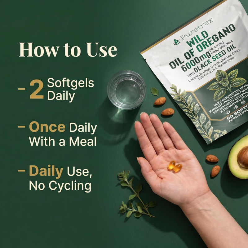PURETREX Wild Oregano Oil 60 Softgels – Made in UK 6000mg with 95% Carvacrol, Black Seed Oil, Turmeric & Ginger, High Potency Herbal Formula for Immune, Gut & Respiratory Support