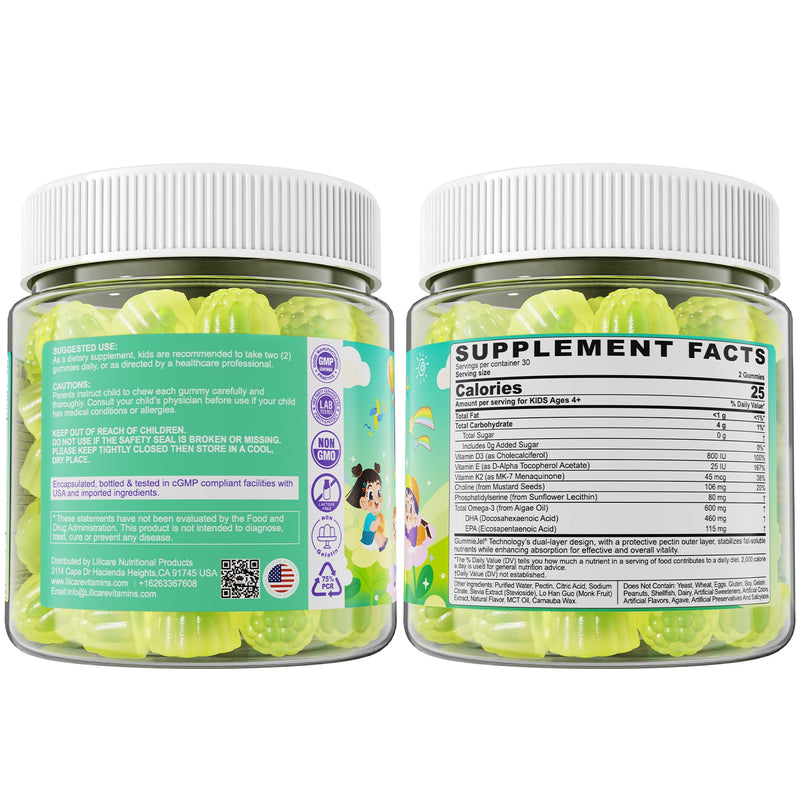 [Australia] - Kids Omega-3 Gummies for 4+, Algae Oil DHA & EPA with Vitamin D3 K2, Choline & PS, Vegan Fish Oil Supplements for Brain, Bone, Cognitive & Immune Health, No Fish Taste, SugarFree, Lemon Flavor, 60Cts 60 Count (Pack of 1) 