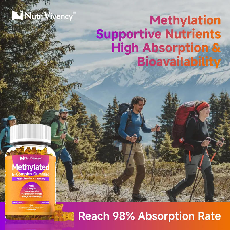 Methylated B Complex Gummies for Women Men, Energy Support, 60 Ct | With Omega-3, Ashwagandha, Magnesium, Vitamin C, CoQ10, TMG, B1, B2, B3, B5, B6, B7, Sugar Free, Vegan, Non-GMO, Gluten-Free