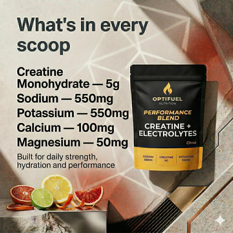 Optifuel Creatine Monohydrate + Electrolytes Powder 300g | 5g Creatine + 1250mg Electrolytes per Serving | Citrus Flavour | Hydration, Strength, Recovery & Muscle Performance | 30 Servings