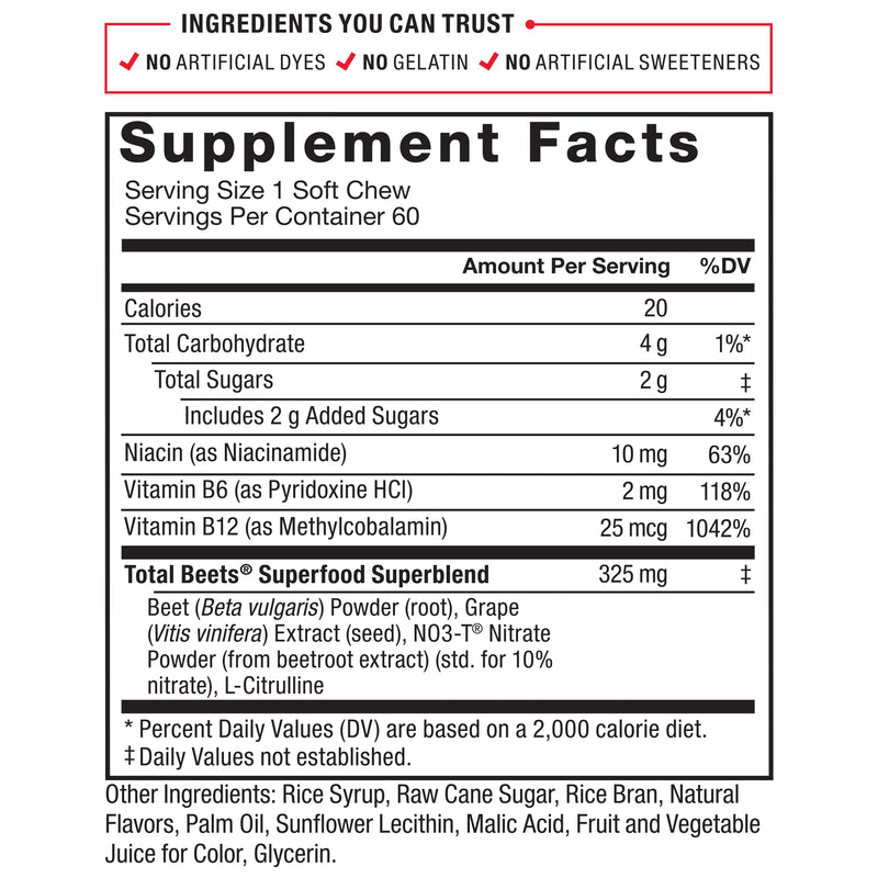 [Australia] - Force Factor Total Beets Soft Chews with Beetroot, Nitrates, L-Citrulline, Grapeseed Extract, & Antioxidants, Healthy Energy Supplement with Elite Ingredients for Heart, Superfood, 120 Count, 2-Pack 60 Count (Pack of 2) Original 