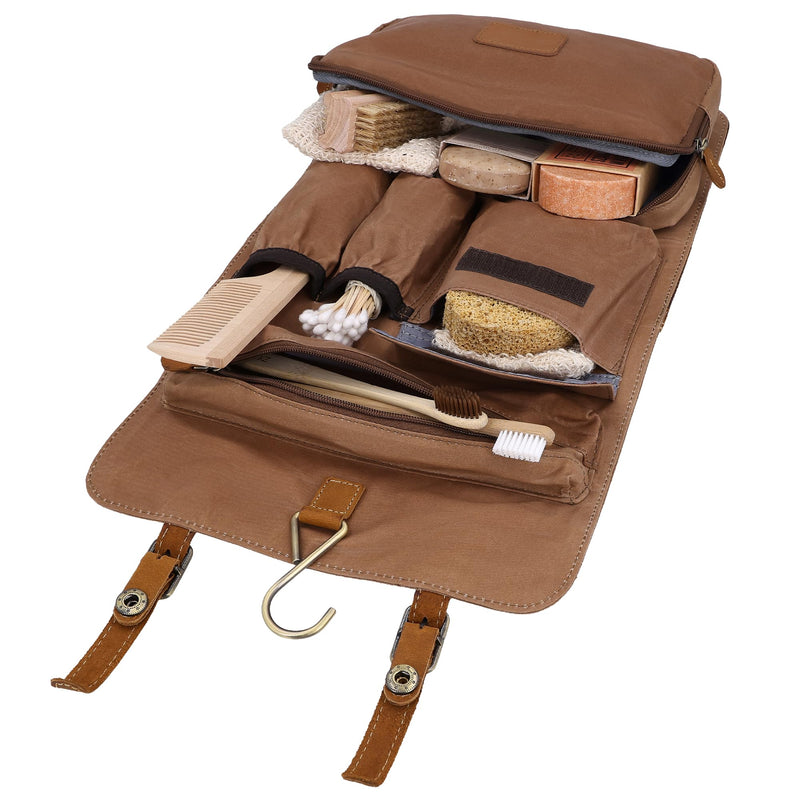 Gusti wash bag Leather-Rodney Toiletry bag wash bag sponge bag toiletries bag washbag make-up bag makeup bag cosmetic bag womens mens brown leather and canvas beige