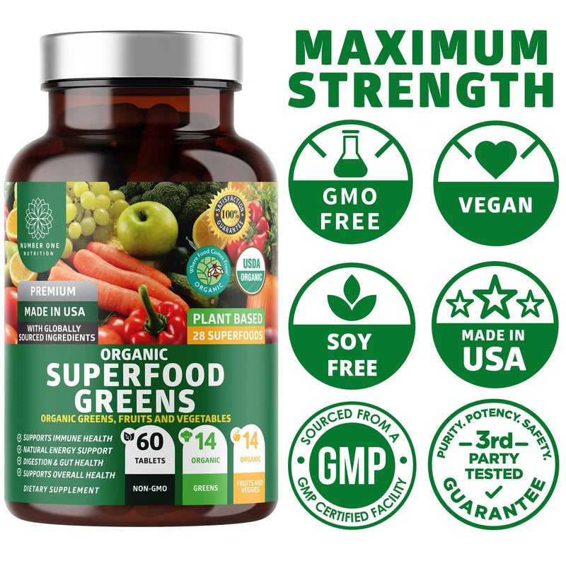 [Australia] - N1N Premium Organic Superfood Greens [28 Powerful Ingredients] Natural Fruit and Veggie Supplement with Alfalfa, Beet Root and Ginger to Boost Energy, Immunity and Gut Health, Made in USA, 60 Ct 