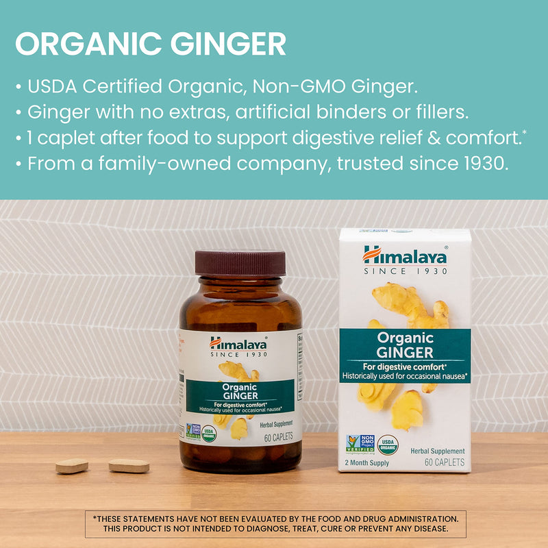 [Australia] - Himalaya Organic Ginger, 60 Day Supply - Digestive Health Supplement for Nausea, Upset Stomach Relief, and Occasional Bloating and Heartburn - USDA Organic, Vegan, Non-GMO, Gluten Free, 60 Caplets 