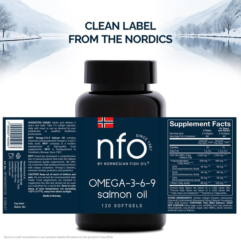 NFO Omega 3 6 9 Salmon Oil [120 Mini Capsules] Capsules from Norway, Salmon Oil with DPA, EPA & DHA Concentration in the Triglyceride Form, Natural Complex with Norwegian Fish Oil from Wild Fish, 3+