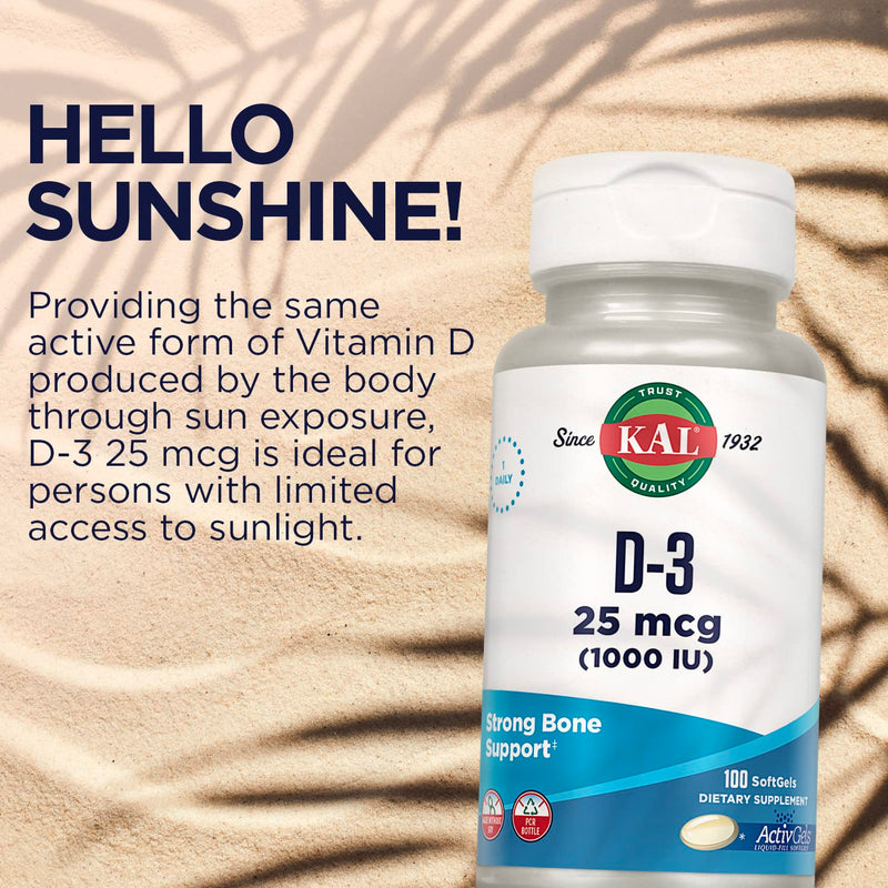 KAL Vitamin D3 1000 IU Softgels (25 mcg), Active Form of Vitamin D, Calcium Absorption, Bone Health, Immune Support Supplement, Liquid Filled ActivGel, Made Without Soy, 100 Servings, 100 Softgels 100 Count (Pack of 1)