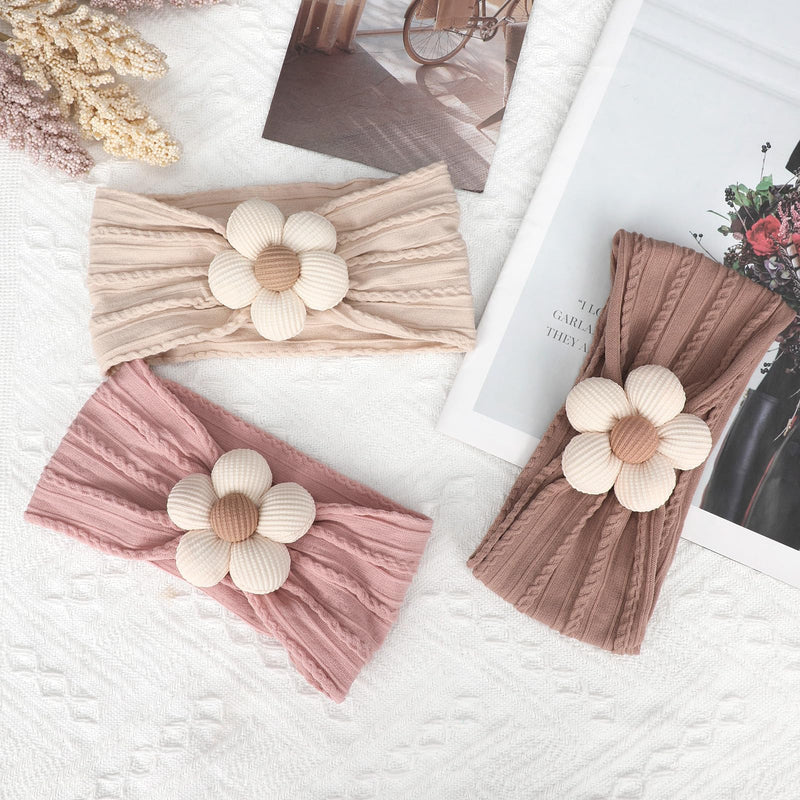 3 Pcs Baby Flower Headbands Baby Girls Nylon Headbands Soft Hairbands Hair Accessories for Newborn Infant Toddler Kids（Beige Pink Khaki） Beige Pink Khaki