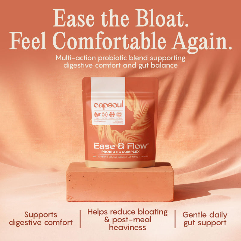 Capsoul Ease & Flow Probiotics for Women | Gut Health Supplements with 5 Billion CFU, Prebiotic Fibre PHGG, Peppermint & Fennel | Vegan Support for Bloating Relief for Women - 60 Capsules