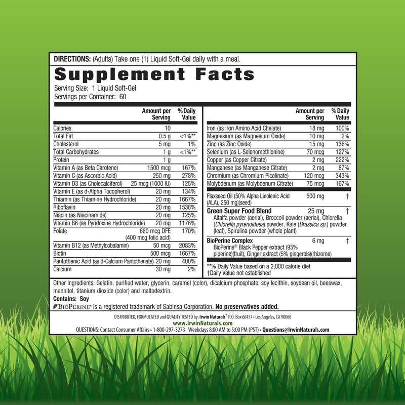 Irwin Naturals Only One Daily Multivitamin with Iron | 60 Softgels | Complete Daily Nutrition | Iron + Vitamin D3 | One Per Day | 60 Liquid Soft-Gels 60 Count (Pack of 1)
