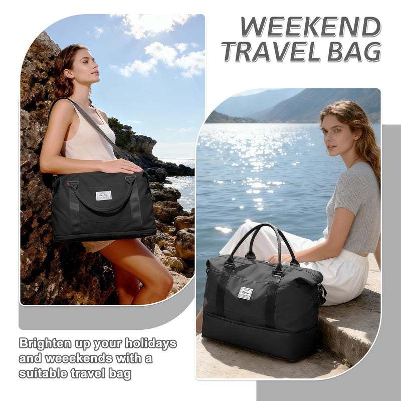 Travel Duffel Weekender Bag Women Tote Carry On Bags With Shoe Compartment | 18x14x8 inches Travel Overnight Bags with Trolley Sleeve for Airplanes Sport Tote Gym for Men Lightweight Daypack Black..