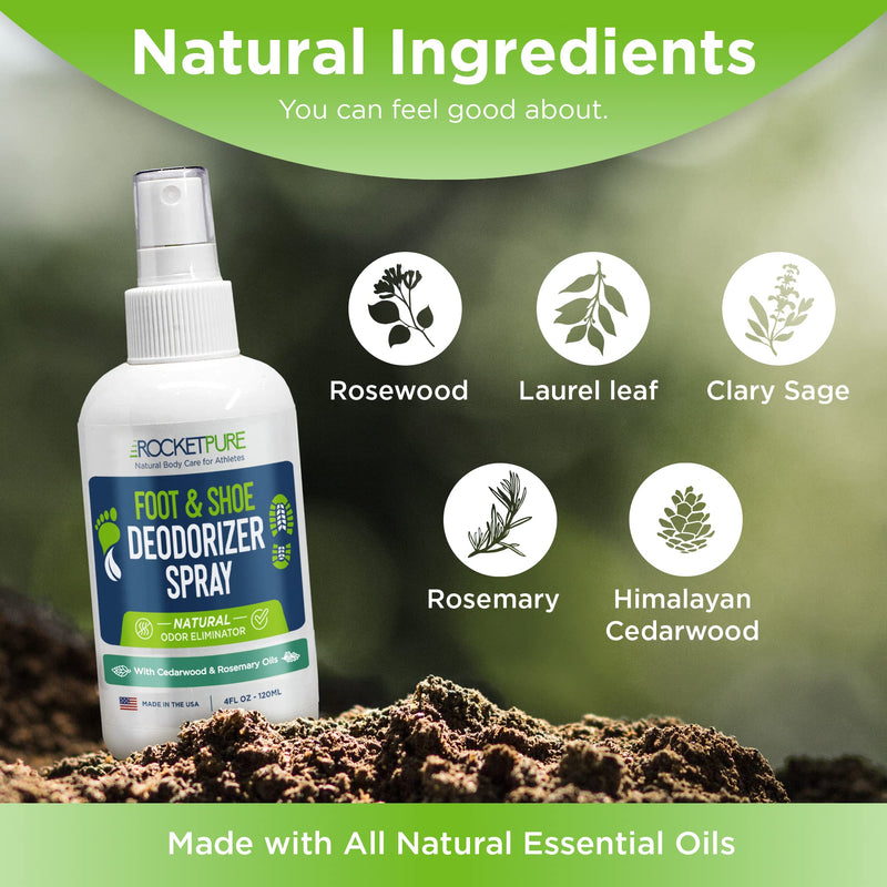 Rocket Pure Natural Foot and Shoe Deodorizer Spray, Cedar, 4 fl oz | Deodorant and odor eliminator for smelly feet, smell remover, formulated with essential oils, paraben-free, made in the USA