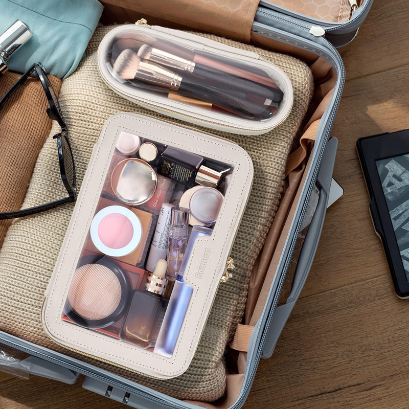 Soimeat Travel Clear Makeup Bag with Makeup Brush Bag, Leather Makeup Case Toiletry Bag, Portable Cosmetic Bag Case, Transparent Waterproof Cosmetic Organizer Storage Bag for Women,