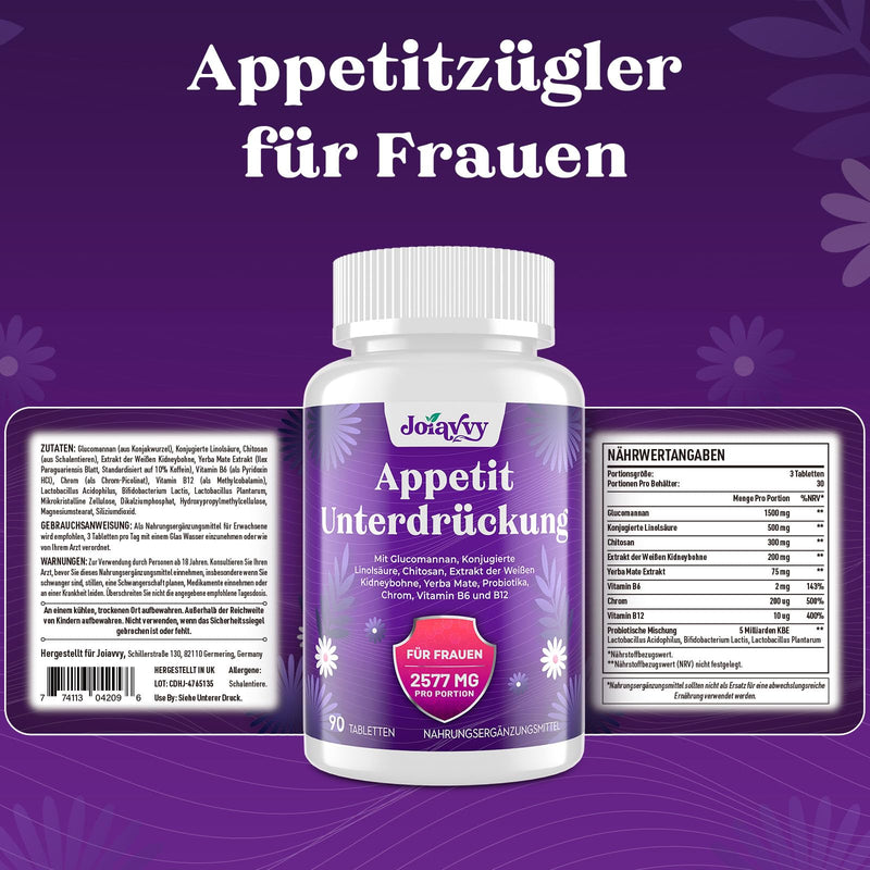 [Australia] - Appetite Suppressant for Women 2577mg, High Dose Glucomannan from Konjac Root, Fast Strong Fat Burner, Optimized with Chromium, Green Tea Extract, Vitamin B12, Natural, Keto (90 Tablets) 90 Pieces (Pack of 1) 