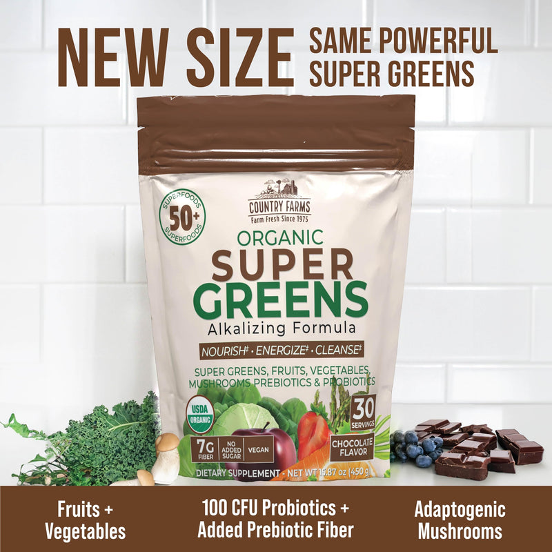 [Australia] - COUNTRY FARMS Super Greens Chocolate Flavor, 50 Organic Super Foods, USDA Organic Drink Mix (Wheat Grass, Spirulina, Chlorella) Mushrooms & Probiotics, with Fiber, Natural Energy, 30 Servings 15.87 Ounce (Pack of 1) 