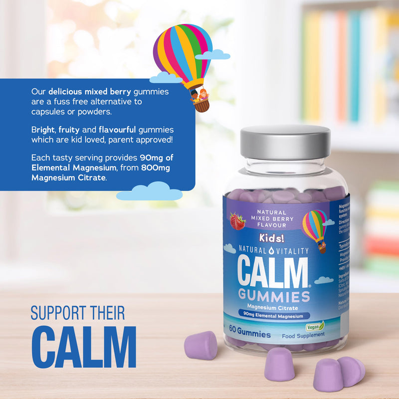 Kids Magnesium Gummies | 2-Month Supply | Calm Magnesium Citrate Supplement | 90mg of Elemental Magnesium | Vegan | Natural Mixed Berry Flavour | 60 Count | Natural Vitality