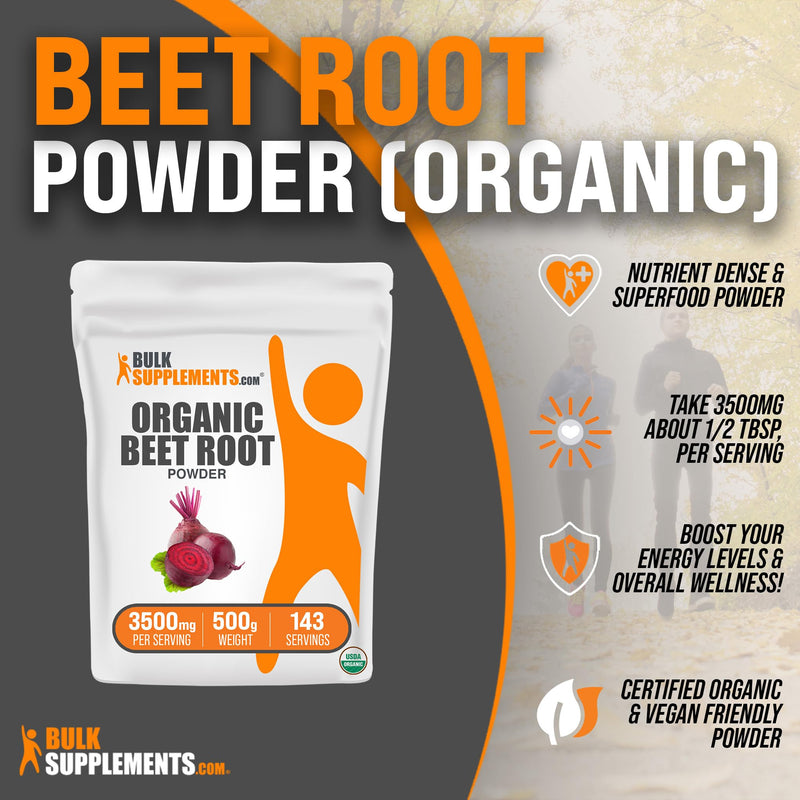 BulkSupplements.com Organic Beet Root Powder - Beet Powder Organic, Beetroot Supplement - Superfood Supplement, Vegan & Gluten Free - 3500mg per Serving, 500g (1.1 lbs) (Pack of 1) 1.1 Pound (Pack of 1)