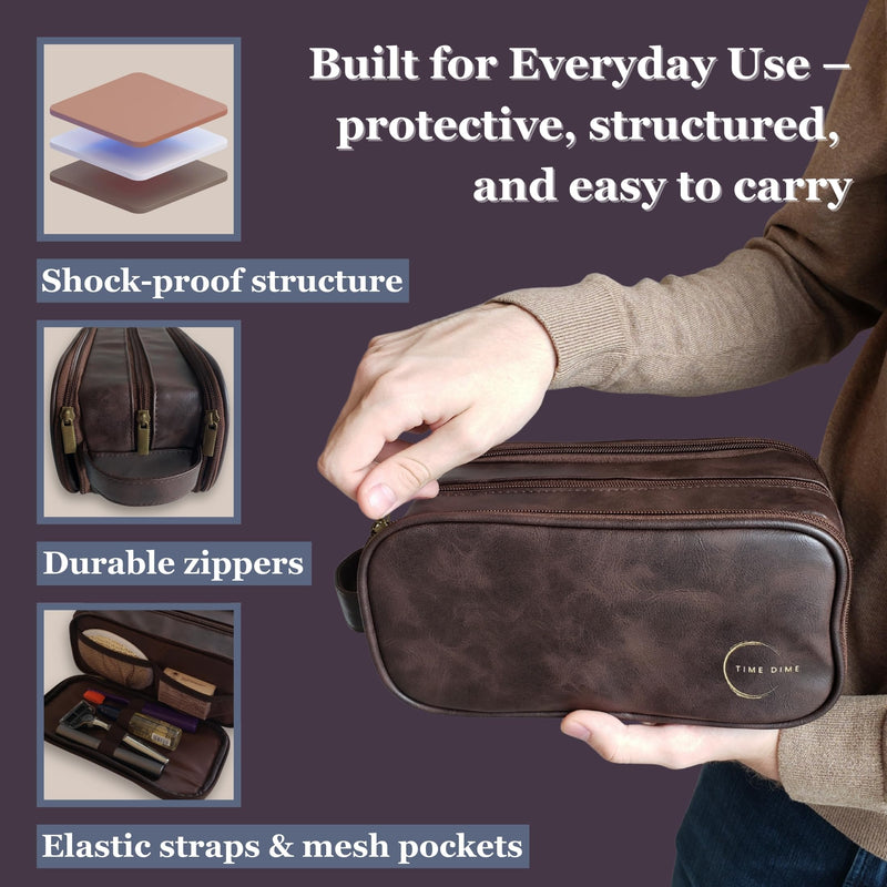 Premium Men’s Toiletry Bag with Drawstring Pouch – Durable Water-Resistant Leather-Look Travel Organizer for Shaving, Grooming & Hygiene Essentials (Dark Brown) Dark Brown