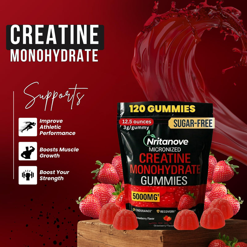 Sugar-Free Creatine Monohydrate 5000mg Gummies, 120 Count, Strawberry Flavour, High-Strength Creatine Gummy Supplement for Workout & Gym Support for Men & Women