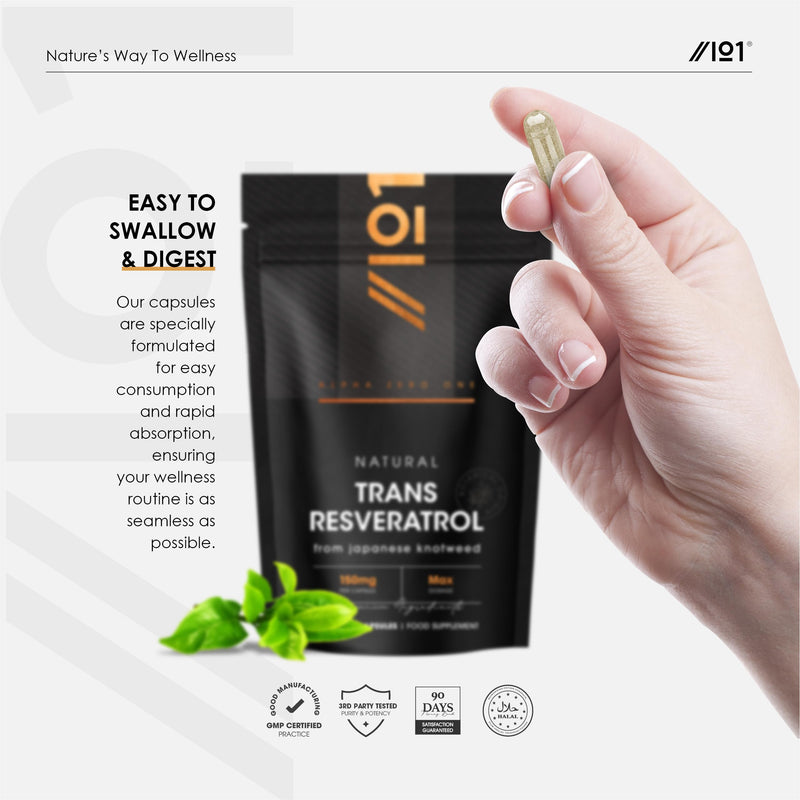 Natural Trans-Resveratrol Max Dosage - 90 Vegan Capsules - from 300mg Japanese Knotweed 50:1 Extract - High Strength Polygonum Cuspidatum Supplement – 3 Months Supply - By Alpha01