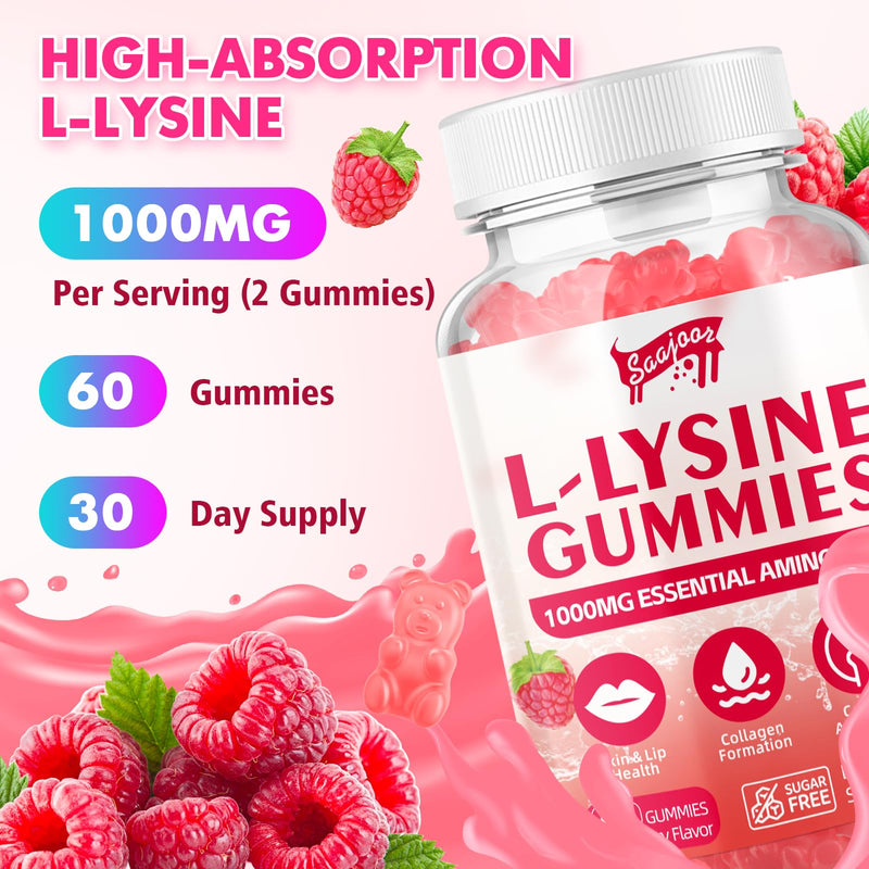 [Australia] - L-Lysine 1000mg Gummies for Immune Support & Skin Health - Vegan, Gluten Free Amino Acid Supplement for Adults, Raspberry Flavor, 60 Gummies 1pack 