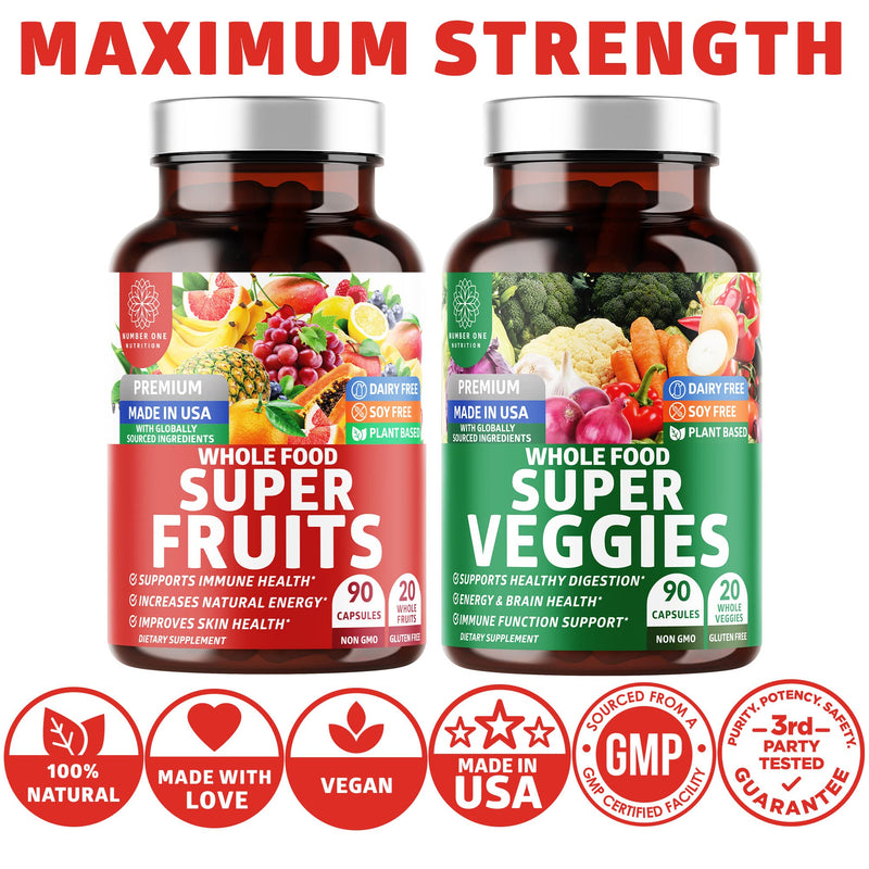 Number One Nutrition N1N Premium Super Fruits & Veggies Supplement [40 Whole Foods] and Vegan Multivitamin [86 Ingredients, Plant-Based], 2 Pack Bundle