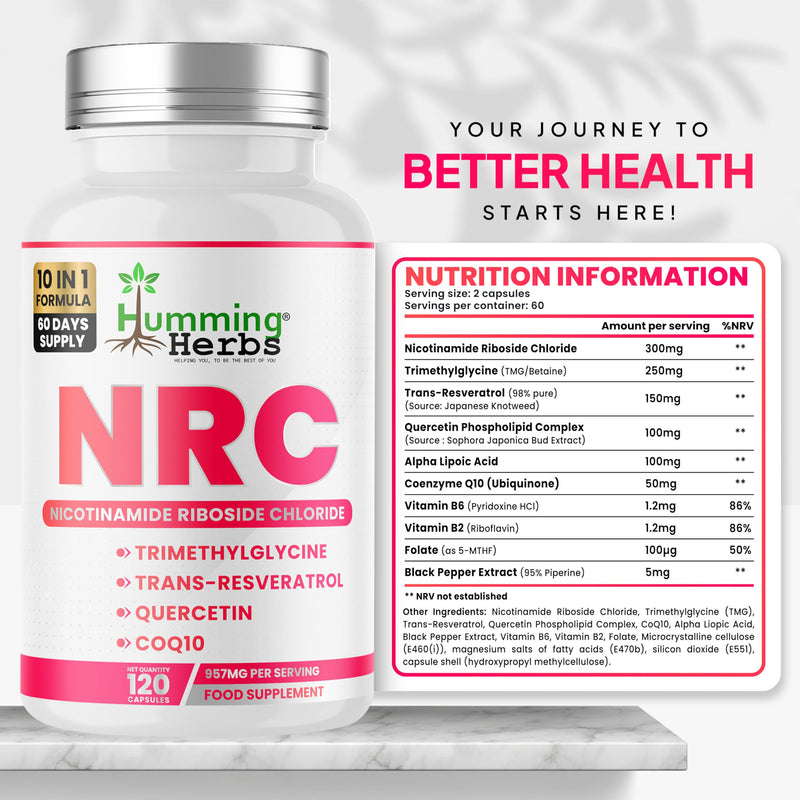 Humming Herbs NRC Nicotinamide Riboside Complex 300 mg | 60 Day Supply | with TMG Resveratrol Quercetin ALA CoQ10 B6 B2 Folate | 120 Vegan Capsules | Vitamin Supplement