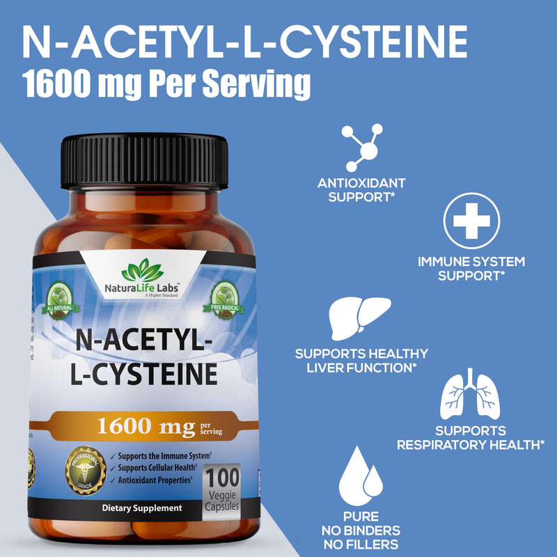[Australia] - N-Acetyl-L-Cysteine (NAC) 1600 mg Lung Health & Immune Support, Liver Support & Antioxidants*, Free-Radicals, Free Form - 100 Veggie Capsules 