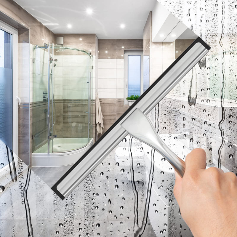 [Australia] - All-Purpose Stainless Steel Shower Squeegee for Shower Glass Door with 2 Adhesive Hooks, Bathroom Cleaner Tool Household Window Mirror Squeegee , Cleaning Tile Wall, Car, 10 Inch Silver 10-Inch 