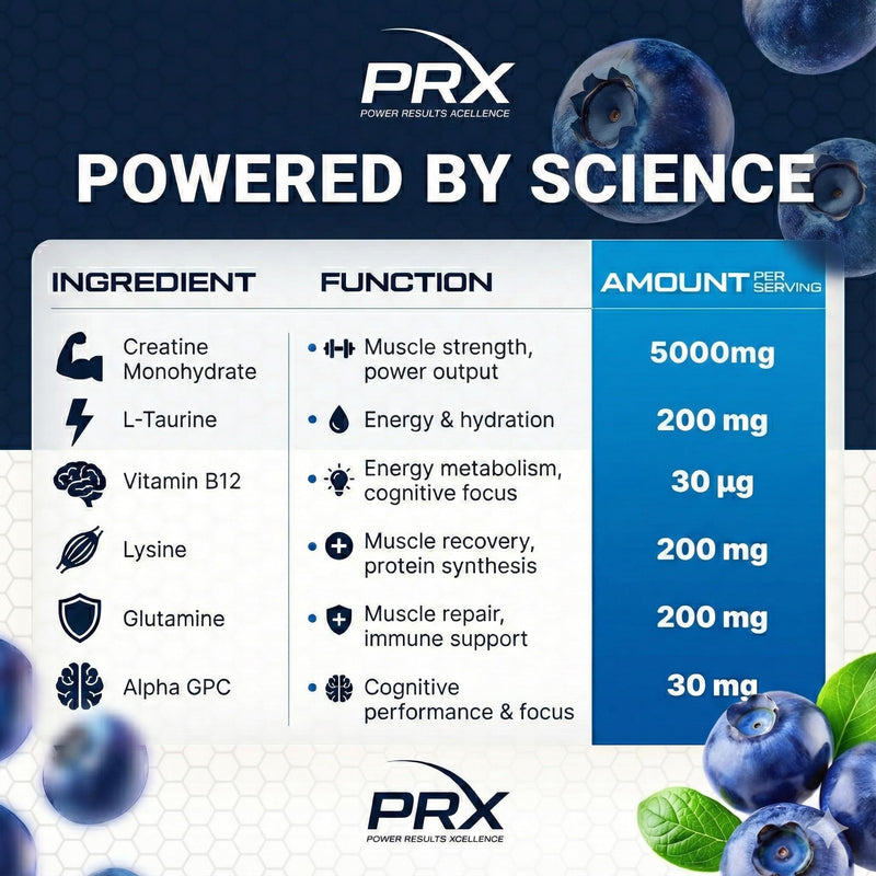 PRX Creatine Gummies 5000mg – Blueberry | Vegan Creatine Monohydrate with B12, L-Taurine & Amino Acids | Muscle Growth, Strength & Recovery | Zero Sugar • Eurofins Tested • 90 Gummies (Blueberry)