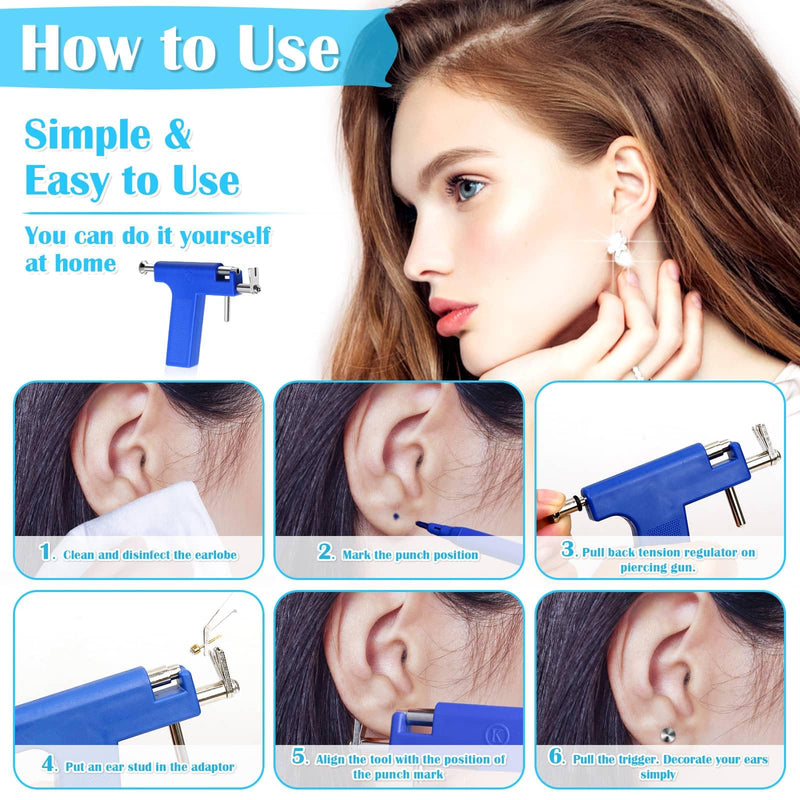 Ear Piercing Gun Kit with Earrings, Professional Ear Nose Piercing Gun with Ear Piercing Kit Surgical Steel Earrings for Salon At Home Piercing Kit Blue Gun With Ear Studs