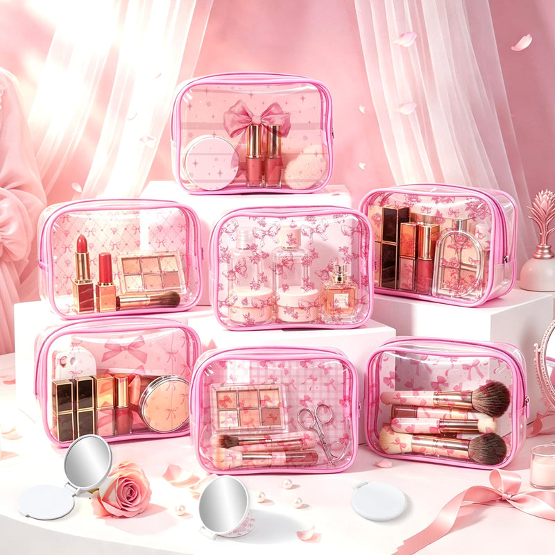 16 Set Pink Bow Party Favors for Women Clear Floral Bow Makeup Bags Mini Compact Mirrors Bulk Waterproof Coquette Pink PVC Cosmetic Bags for Guests Bridesmaids Wedding Party Supplies 16