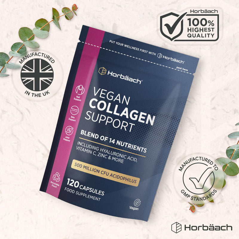 Vegan Collagen Supplements for Women & Men | with Hyaluronic Acid, Vitamin C, Zinc & More | Blend of 14 Nutrients Including 500 Million CFU Acidophilus | Collagen Support | 120 Capsules | by Horbaach