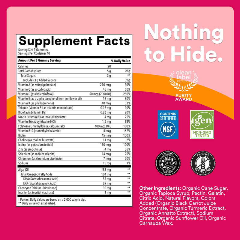 SmartyPants Women's Multivitamin Gummies, Omega 3 (DHA/EPA), Methylfolate, CoQ10, Vitamin D3, C, Vitamin B12, B6, A, K & Zinc, Inositol, Gluten Free, 120 Count (40 Day Supply) Multi + Omega - 40 Day Supply
