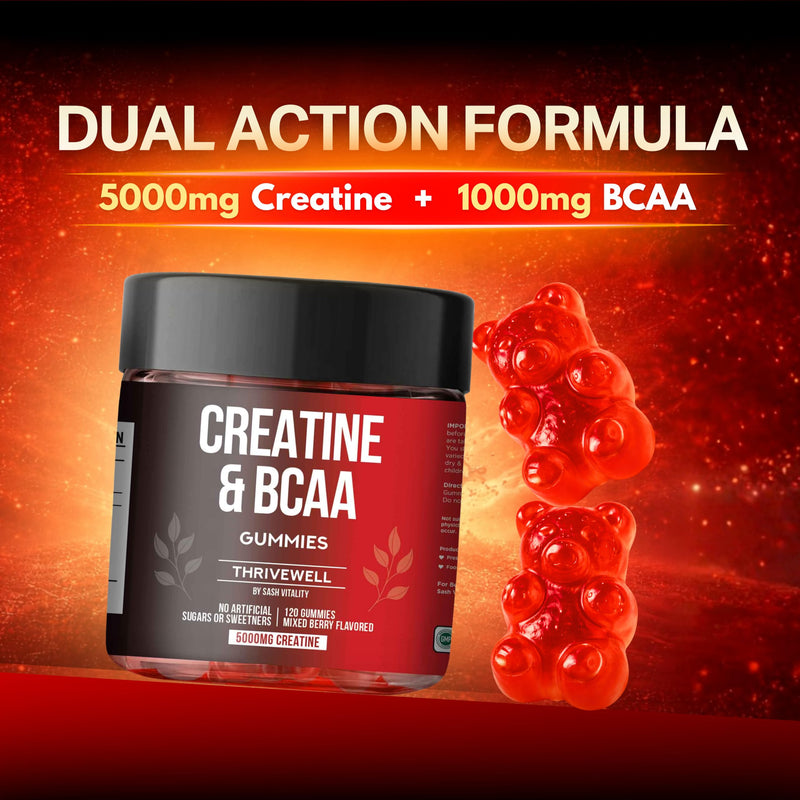 Creatine Monohydrate Gummies 5000mg with 1000mg BCAAs | 45 Days Supply | Naturally Sweetened | No Artifical Sugars | Premium Vegan Gummies | Mixed Berry Flavour | 120 Gummies 1 count (Pack of 120)