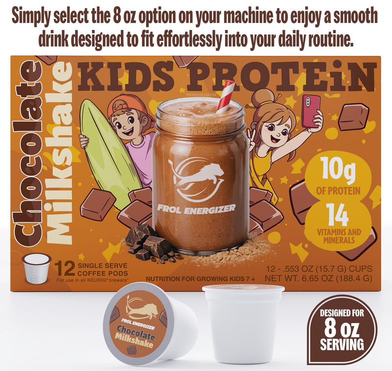 Kids Protein K-Cup Pods, Chocolate, 10g Protein | Real milk & Real cocoa for a rich taste, 70 calories, 14 vitamins & minerals, no added sugar, ages 7+, 8oz serving