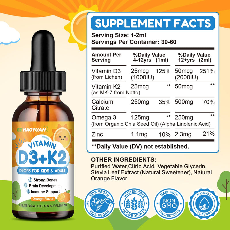 Vitamin D3 K2 Drops for Kids Liquid Supplement with Calcium, Omega 3, Zinc, Vitamin D3 K2 for Calcium Absorption Healthy Bones, Brain Development & Immune System, Non-GMO, Vegan, Orange Flavor 2 Fl Oz 2 Fl Oz (Pack of 1)