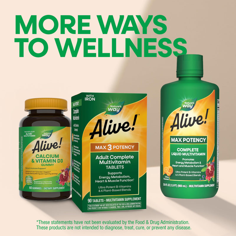 Nature's Way Alive! Max3 Potency Adult Daily Multivitamin with Iron, 90 ct | High Potency Adult Multivitamins to Support Cellular Energy Metabolism, Heart, and Muscle Function*, Tablets for Women & Men 90 Count (Pack of 1)
