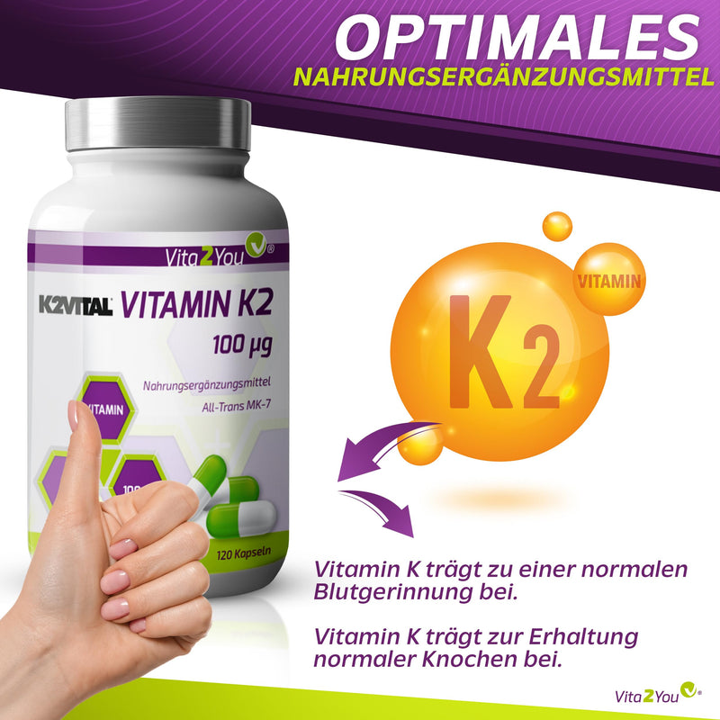 [Australia] - Vita2You Vitamin K2-100µg - 120 capsules - K2VITAL® - MK-7-99.7% All Trans - Premium quality from Kappa - Made in Germany 